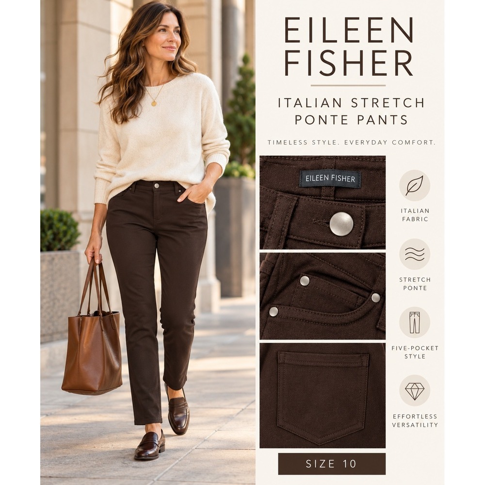 Eileen Fisher Italian Stretch Ponte Slim Straight Pants Brown Size 10